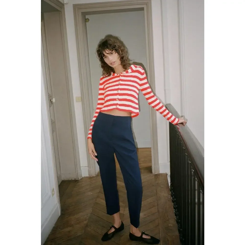 Zara red white striped cable knit long sleeve cardigan sweater XS wide collar